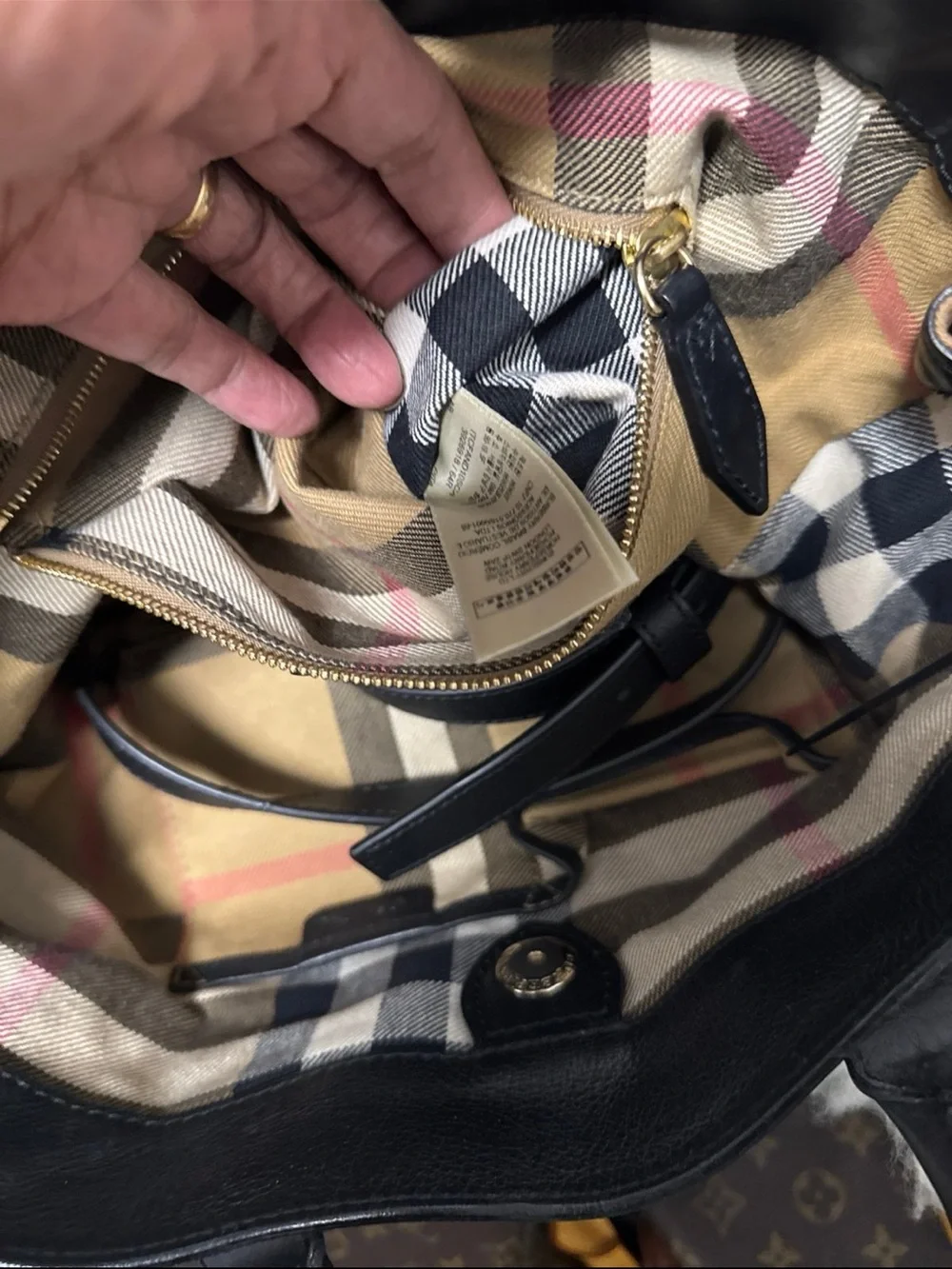 Burberry Black Leather Tote with Haymarket Check Sides